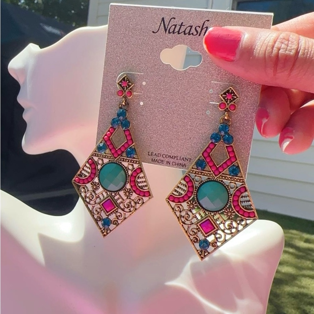 Natasha Earrings Dimond shaped multicolor crystal Beads Hallowed Metal Gold Tone